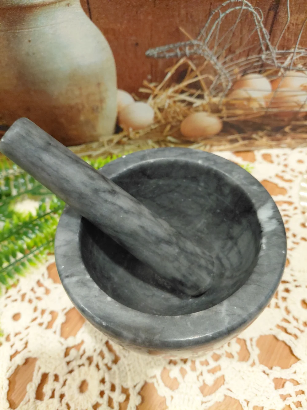 Premium Gray Marble Mortar and Pestle - Smooth Stone Grinder